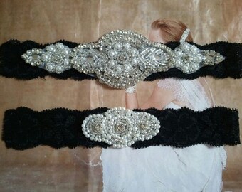 SALE - Wedding Garter Set -Pearl & Rhinestone Garter Set on a Black Lace - Style G10036