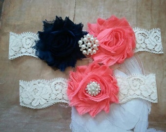 Wedding Garter, Bridal Garter, Garter - Navy/Coral Flowers on a Stretch Ivory Lace with Pearls & Rhinestones - Style G20098