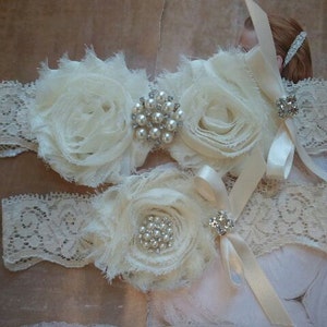 SALE-Shop Best Seller - Wedding Garter Set -Ivory Flowers on a Ivory Stretch Lace with Pearls & Rhinestones-  Style G291