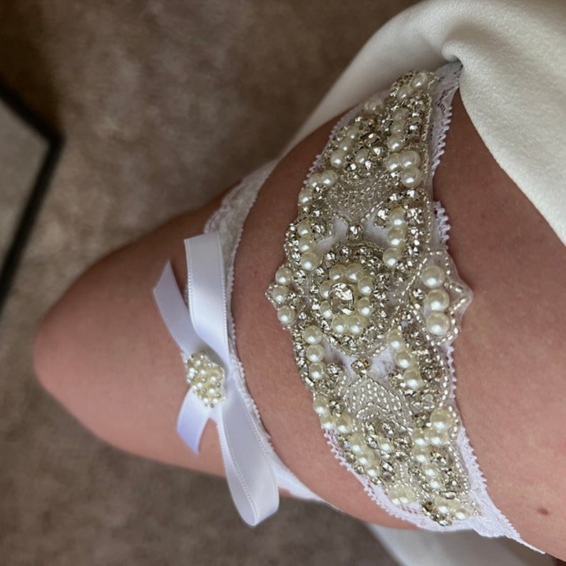 2 Garters Wedding Garter, Bridal Garter, Garter Set Crystal Rhinestone & Pearls Style G8001IVO image 3