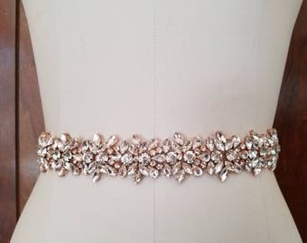 Wedding Belt, Bridal Belt, Sash Belt, Crystal Rhinestone with Rose Gold Details - Style B20333RG