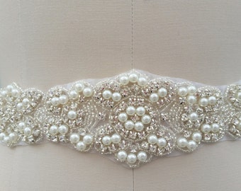 SALE -21 INCHES Beaded portion - Wedding Belt, Bridal Belt, Sash Belt, Crystal Rhinestones & Pearls - Style B29978L