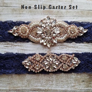 2 GARTERS -Wedding Garter and Toss Garter-Crystal Rhinestones & Pearls with Rose Gold Setting - NAVY BLUE Garter Set - Style G37001RG