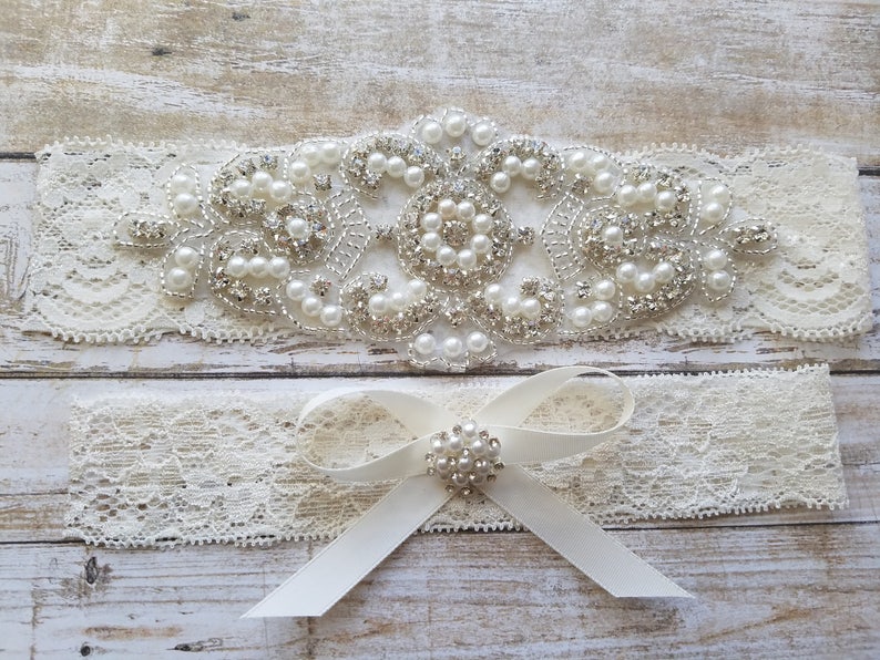 2 Garters Wedding Garter, Bridal Garter, Garter Set Crystal Rhinestone & Pearls Style G8001IVO image 6