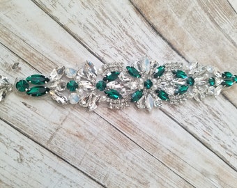 Wedding Belt, Bridal Belt,  Sash Belt, Clear, Opals  & Green Crystal Rhinestones  - Style B200999GRN