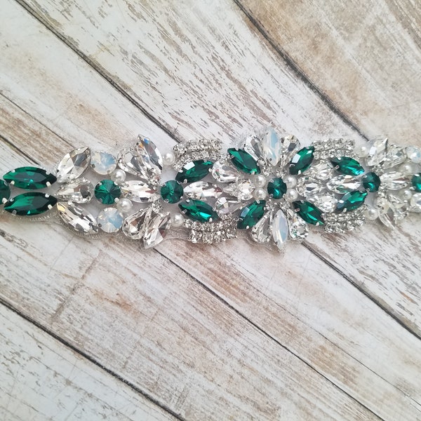 Wedding Belt, Bridal Belt,  Sash Belt, Clear, Opals  & Green Crystal Rhinestones  - Style B200999GRN