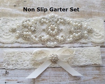 SALE - Wedding Garter, Bridal Garter, Garter Set - Crystal Rhinestone & Pearls - Style G8001IVO