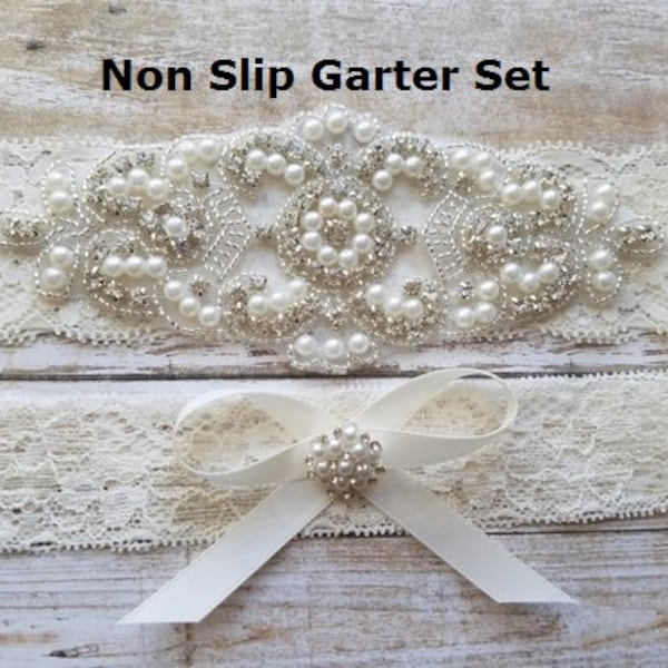 2 Garters - Wedding Garter, Bridal Garter, Garter Set - Crystal Rhinestone & Pearls - Style G8001IVO
