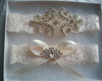 SALE - Shop Best Seller - Bridal Garter Set - Crystal Rhinestone on a IVORY Lace - Style G20470