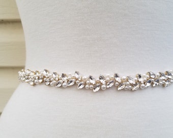 SALE - Wedding Belt, Bridal Belt, Sash Belt, Crystal Rhinestone, Off White Pearls  with Silver, Gold or Rose Gold accents - Style B35812G