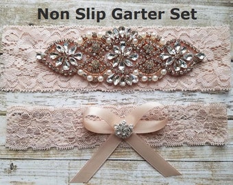 Sale -Wedding Garter and Toss Garter-Crystal Rhinestone with Rose Gold Details - BLUSH Garter Set - Style G3091RG