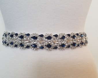 SALE - Wedding Belt, Bridal Belt, Sash Belt, Crystal Clear and NAVY Rhinestones - Style B70070NVY