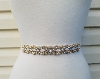 Wedding Belt, Bridal Belt, Sash Belt, Crystal Rhinestone, Opal, Gold colored stones with Gold Details  - Style B377890GL