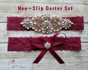 Sale -Wedding Garter and Toss Garter-Crystal Rhinestone with Rose Gold Details -WINE Lace - Style G20903BOW