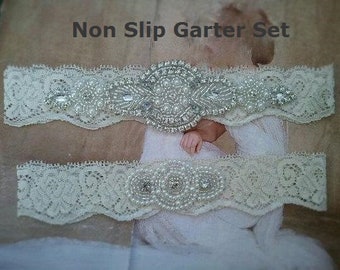 SALE - Wedding Garter Set - Pearl and Rhinestone Garter Set on a Ivory Lace Garter Set with Pearl & Rhinestone - Style G233