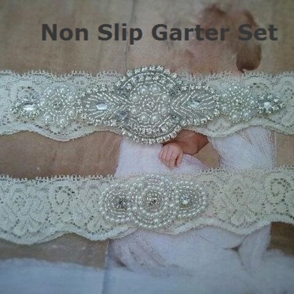 SALE - Wedding Garter Set - Pearl and Rhinestone Garter Set on a Ivory Lace Garter Set with Pearl & Rhinestone - Style G233