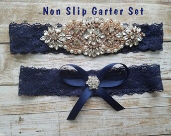 Sale -Wedding Garter and Toss Garter-Crystal Rhinestone with Rose Gold Details -NAVY BLUE Lace - Style G20903BOW