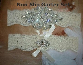 SALE - Shop Best Seller - Bridal Garter Set - Crystal Rhinestone on a IVORY Lace - Style G2047