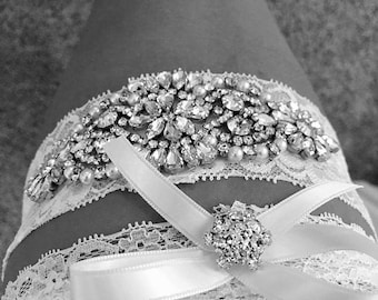 2 Garters -Wedding Garter and Toss Garter-Crystal Rhinestone with Crystal Rhinestone Details - Non-Slip Wedding Garter Set - Style G3091S