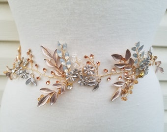 SALE  -Leaf Design Wedding Belt, Bridal Belt, Sash Belt, Multi colored stones with Rose Gold Accents - Style B55720RG