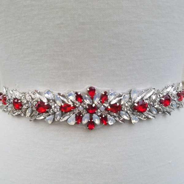 Wedding Belt, Bridal Belt, Sash Belt, Clear & RED colored Crystal Rhinestones  - Style B23800RED