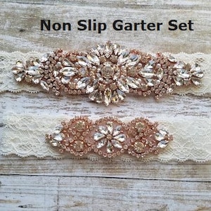 2 GARTERS - Wedding Garter and Toss Garter SET-Crystal Rhinestones with Rose Gold Details - IVORY Wedding Garter Set - Style G90770
