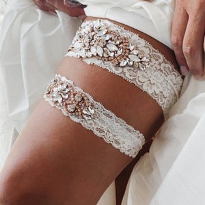 2 GARTERS -Wedding Garter and Toss Garter SET Rhinestones with Rose Gold Details - Non-Slip Garter Set - Style G90705