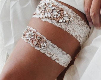 2 GARTERS -Wedding Garter and Toss Garter SET Rhinestones with Rose Gold Details - Non-Slip Garter Set - Style G90705