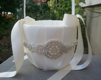 SALE - Wedding Flower Basket, Flower Girl Basket, Rhinestone/Pearl Flower Basket  - Style BK1014