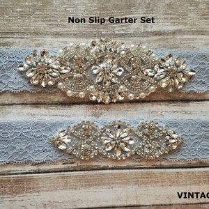 2 GARTERS -Wedding Garter and Toss Garter-Crystal Rhinestone - Vintage Blue Garter Set - Style G37000CR