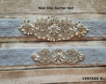 2 GARTERS -Wedding Garter and Toss Garter-Crystal Rhinestone - Vintage Blue Garter Set - Style G37000CR