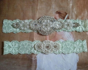 SALE - Wedding Garter Set -Pearl & Rhinestone Garter Set on a Light Mint Colored Lace - Style G10001