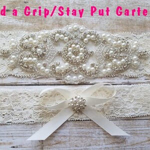 2 Garters Wedding Garter, Bridal Garter, Garter Set Crystal Rhinestone & Pearls Style G8001IVO image 4