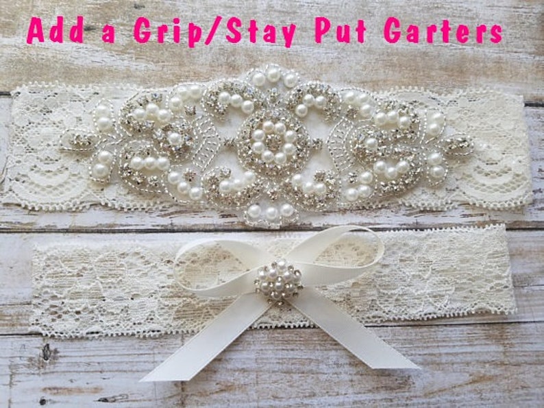 2 Garters Wedding Garter, Bridal Garter, Garter Set Crystal Rhinestone & Pearls Style G8001IVO image 4