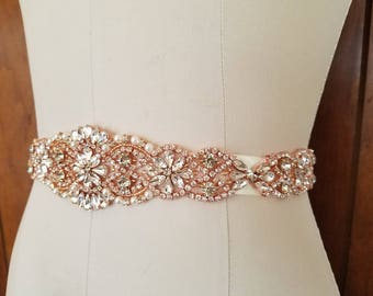 Wedding Belt, Bridal Belt, Sash Belt, Crystal Rhinestone & Off White Pearls with Rose Gold Details  - Style B200599RG