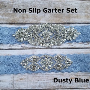 2 GARTERS -Wedding Garter and Toss Garter-Crystal Rhinestone - DUSTY BLUE Garter Set - Style G37000CR