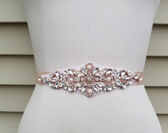Wedding Belt, Bridal Belt, Sash Belt, Crystal Rhinestone & Off White Pearls with Rose Gold Details - Style B80800RG