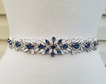 Cinturón de boda algo azul, cinturón de novia, cinturón de banda, diamantes de imitación de cristal azul marino y transparente - estilo B23800NVY