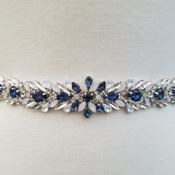 Something Blue Wedding Belt, Bridal Belt, Sash Belt, Clear & Navy Blue Crystal Rhinestones  - Style B23800NVY