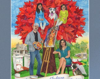 50th Birthday Family Tree Watercolor Painting – Personalized Portrait Keepsake