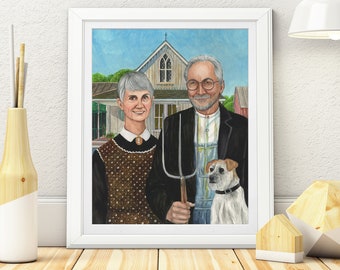 Custom American Gothic Watercolor Portrait – Personalized Anniversary Gift