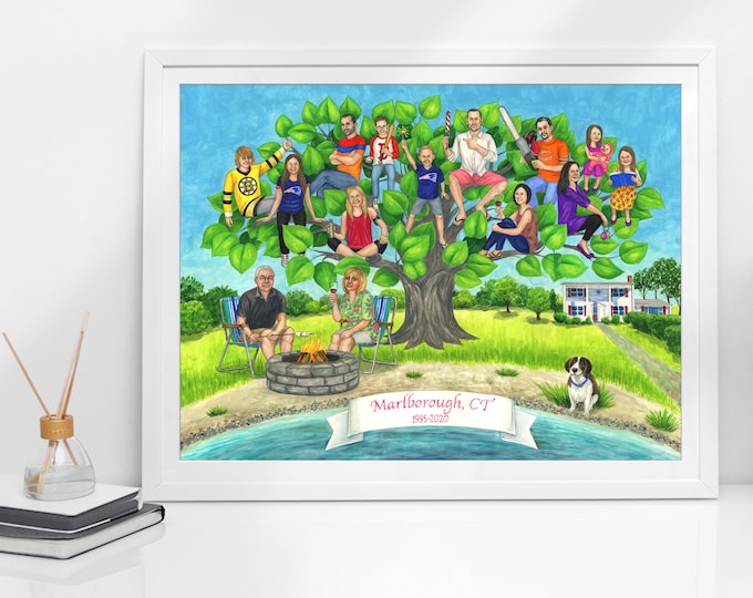 Family tree illustration. Personalized family tree art with portraits. Customized family tree painting. Custom Family tree wall art.