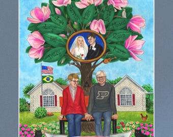 Personalized 50th Anniversary Family Tree Watercolor Painting