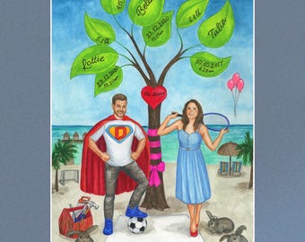 Custom 40th Birthday Family Tree Watercolor Painting – Personalized Portrait Gift