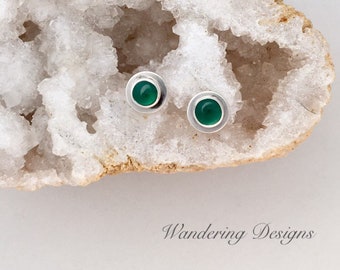 Green Onyx Stud Earrings, Sterling Silver, Post Earrings, Wandering Designs, Handmade, Silversmith, Artisan Jewelry, Gemstone