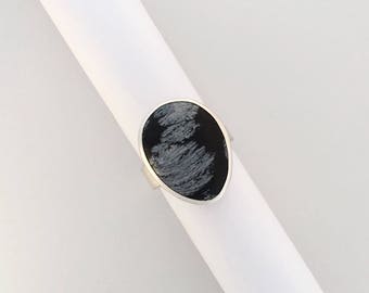 Handmade Snowflake Obsidian Sterling Silver Statement Ring - Size 6
