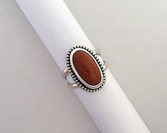 Goldstone Ring, Sterling Silver, Handmade, Wandering Designs, Artisan Jewelry, Statement Ring, Size 7.75, Gemstone