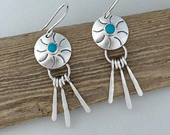 Handmade Sterling Silver Turquoise Fringe Earrings, Kingman Turquoise Southwestern Dangle