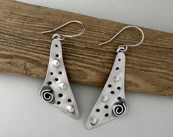 Handmade Sterling Silver Dangle Earrings: Funky Stamped Artisan Jewelry, Recycled