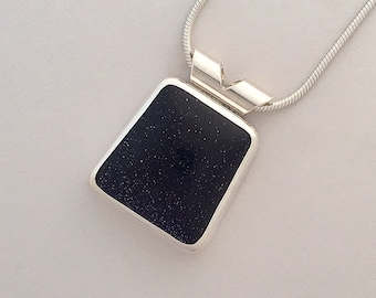 Blue Goldstone Pendant, Sterling Silver, Wandering Designs, Handmade, Blue Artisan Jewelry, Necklace, Silversmith, Gemstone, Blue, Sparkle